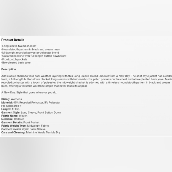 Women's Long Sleeve Tweed Shacket - A New Day Black/Cream Houndstooth - Picture 8 of 8